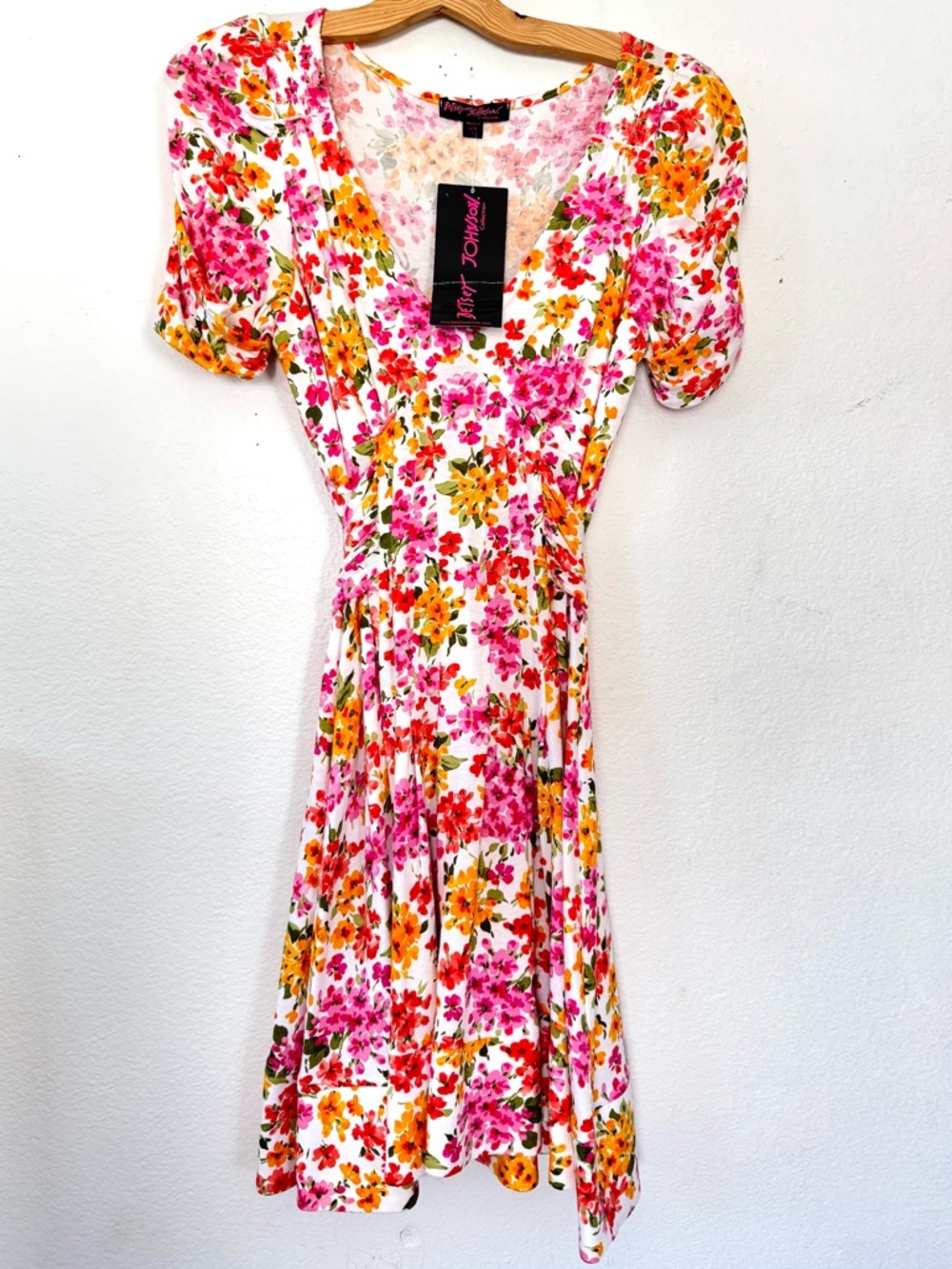 NWT Betsey Johnson 90s Y2K Floral V-Neck midi Dress - Pink Orange Large Made USA